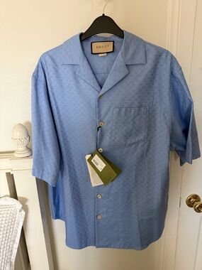 Gucci cotton monogram GG Light Blue Short Sleeve Camp Collar Shirt Sz 44 NWT